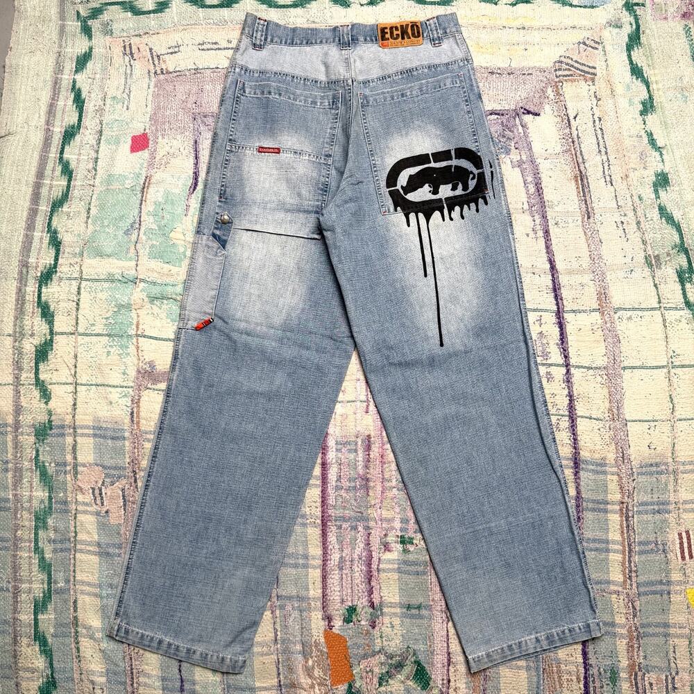 Vintage ECKO UNLTD Men's Relaxed Fit Faded Denim Blue Jeans 32x31 Printed